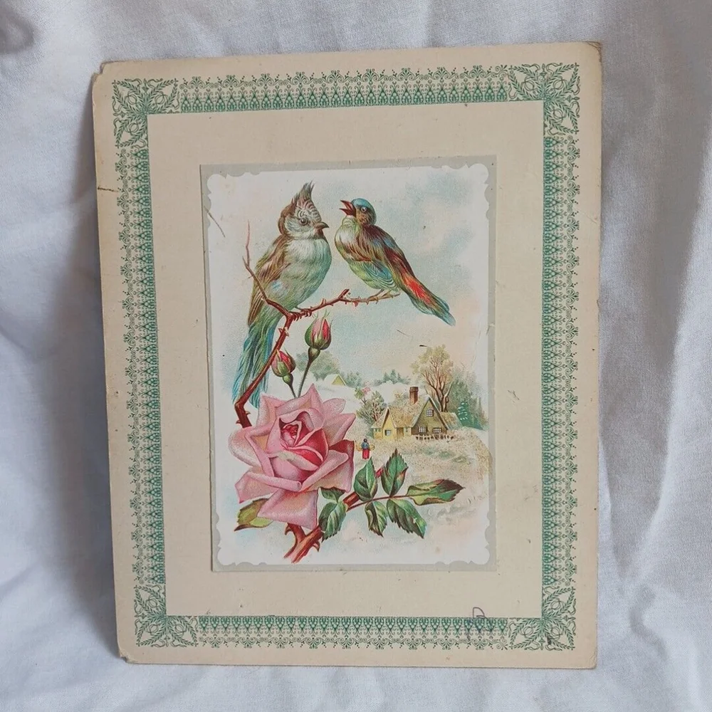 Victorian Antique Embossed Holiday Greeting Card Birds Rose